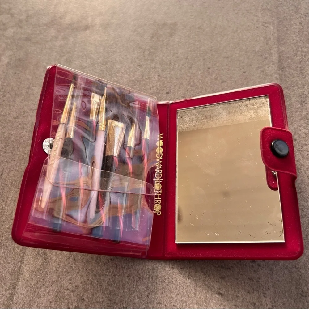 Vintage Woodward & Lothrop Red Makeup Brush Set Compact Mirror Travel Case